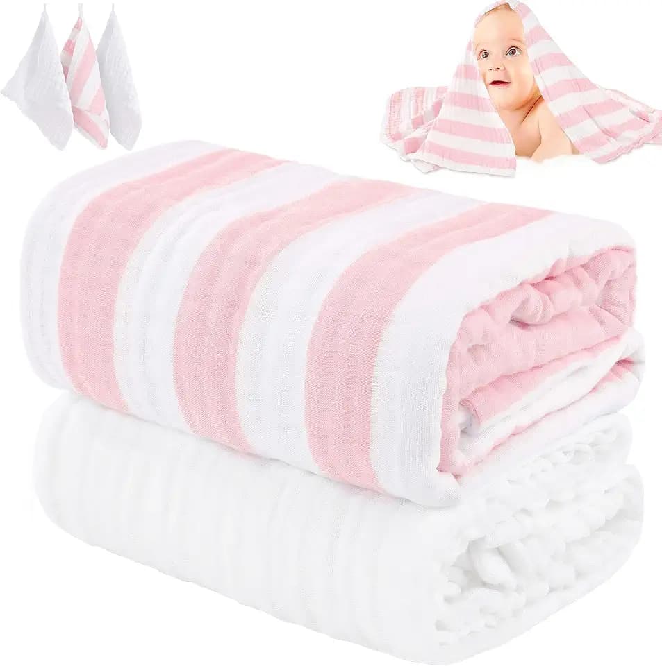 Organic Muslin Baby Bath Towel Blanket 5-Pc Gift Set -Pink Stripe