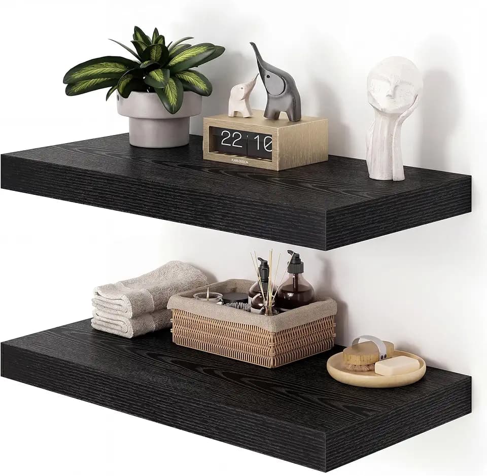 Heimlove 12" Deep Black Floating Shelves for Wall, 24 Inch Shelf Bathroom Shelves Set of 2, Mounted Shelves for Books Living Room Laundry Room Bedroom Kitchen Home Office