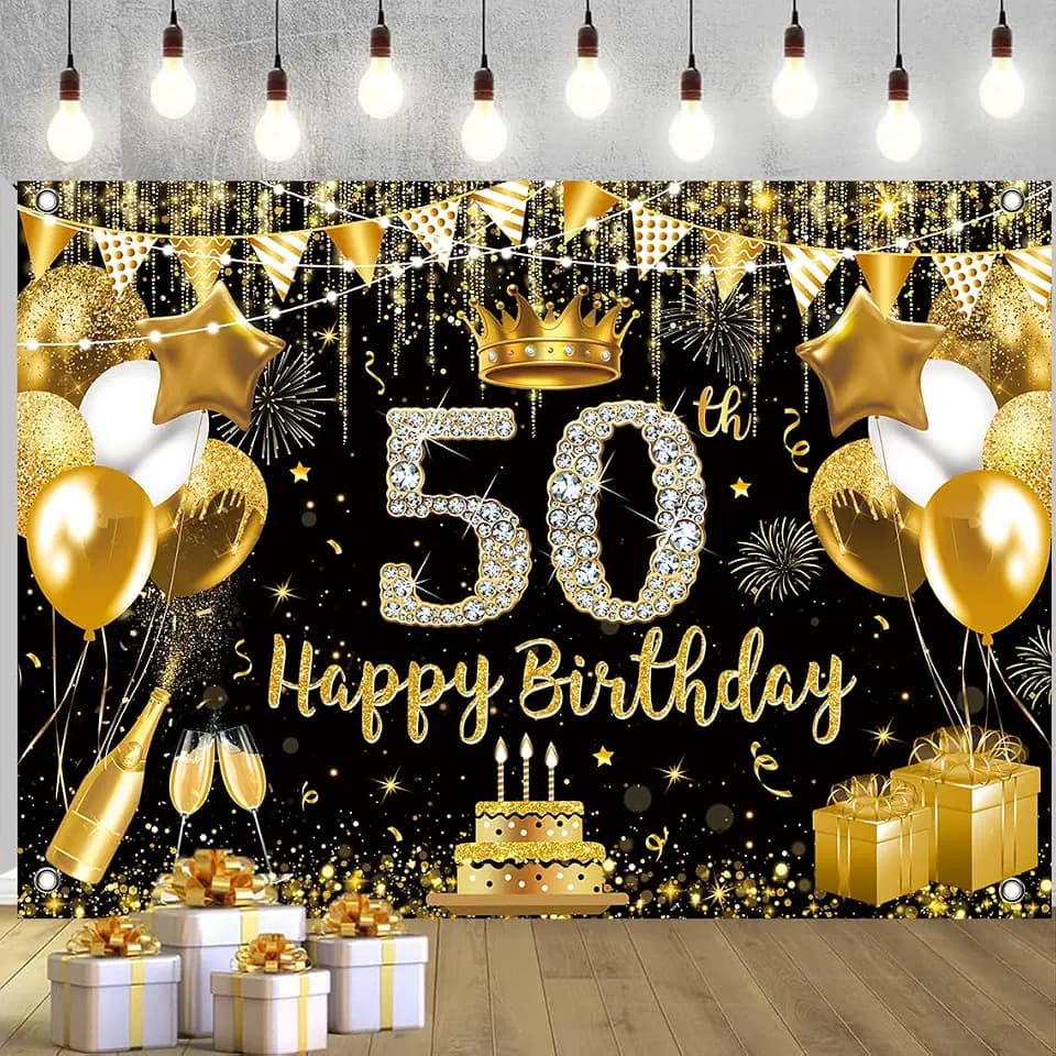 7x5ft Happy 50th Birthday Backdrop Gold and Black 50 Year Birthday Party Background for Women Men Photography Party Decorationd