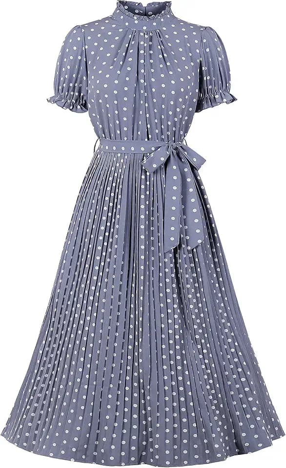 Wellwits Damen Punktmuster Rüsche O Hals Plissee Midi Retrolook Kleid