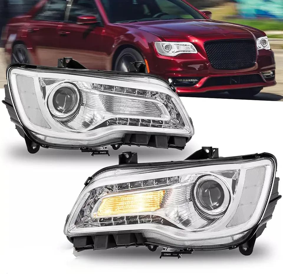 MOSTPLUS LED DRL Headlight Assembly Compatible for 2011-2023 Chrysler 300 Front Lamp w/bulbs Chrome Housing Clear Lens Clear Corner (set of 2)