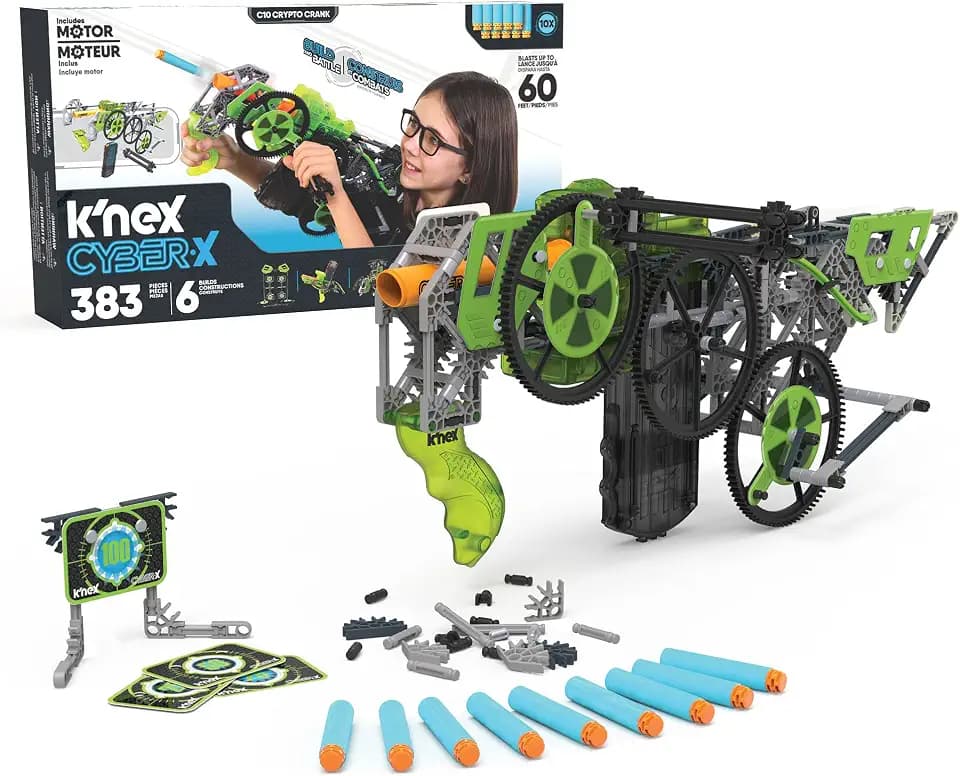 K'NEX Cyber-X C10 Crypto Crank with Motor - Blasts up to 60 ft - 383 Pieces, 6 Builds, Targets, 10 Darts - Great Gift Kids 8+