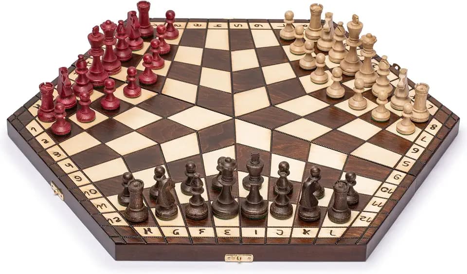 Husaria Holz-Schachspiel-Set für DREI Spieler – 54 Zentimeter - mit Faltbarem Brett, Handgefertigten Spielfiguren und Filzgefütterter Aufbewahrung
