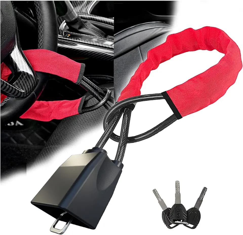 Car Steering Wheel Lock, Seat Belt Lock,O-MKAC Anti-Theft Device, Maximum Length 17 Inch, 3 Keys, Multi-Function, Suitable for Most Vehicles, SUV, Golf Cart Security (Red)