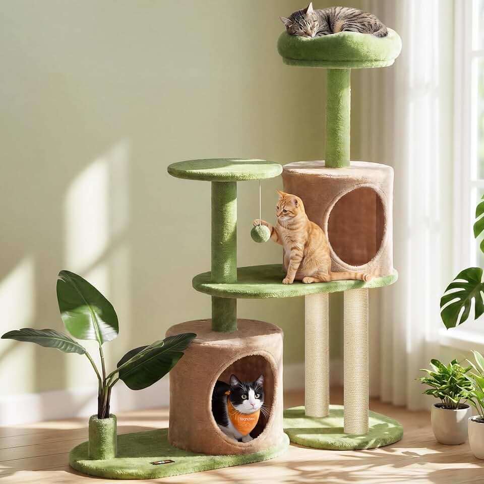 Feandrea Cat Tree, 42.9-Inch Multi-Level Plush Cat Tower, Artificial Leaves