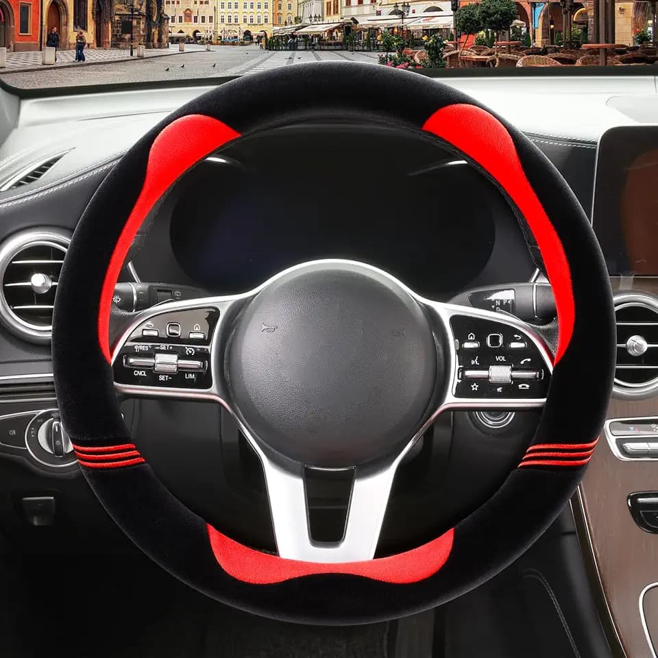 Furry Cute Soft Steering Wheel Cover 15 inch Black with Red