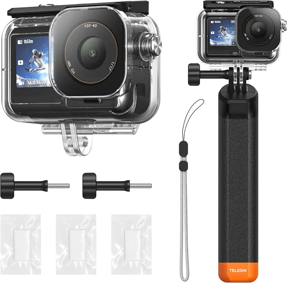 TELESIN Waterproof Case With Floating Stick for DJI Action 5 Pro Action 4/3 Camera, with Anti-Fog Underwater Housing Shell Cage Supports 60M/196FT Deep Diving Scuba Snorkeling with Quick Release Screw