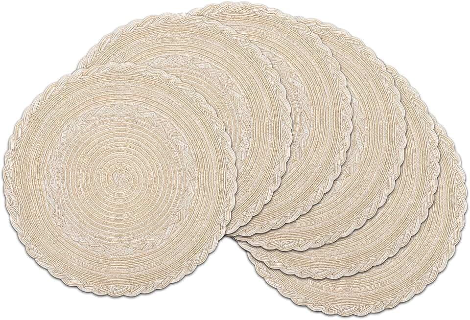SHACOS 6er Set Tischsets Rund Abwaschbar, Runde Platzsets Geflochten, Beige
