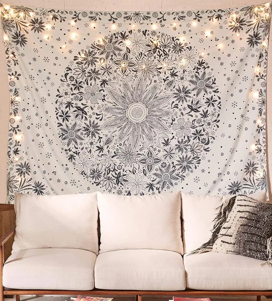 Neasow Bohemian Tapestry Wall Hanging, Beige White Floral Tapestry with Dotted Daisy Medallion Print Bedroom Boho Hippie Home Decor, 60x80 inches