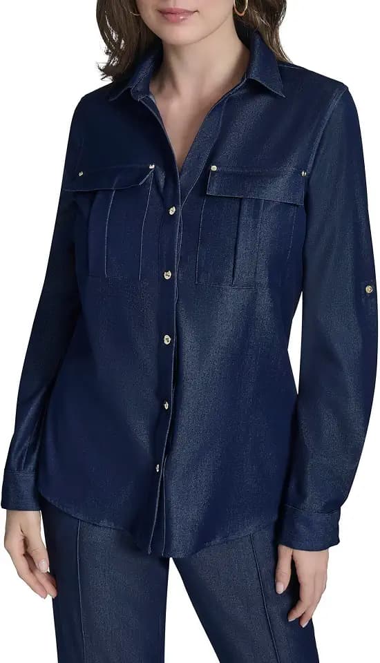 Halston Women's Roll-tab Sleeve Denim-Like Collared Top