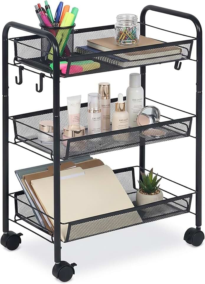 Relaxdays Rollwagen, 3 Mesh-Etagen, Servierwagen, schwarz
