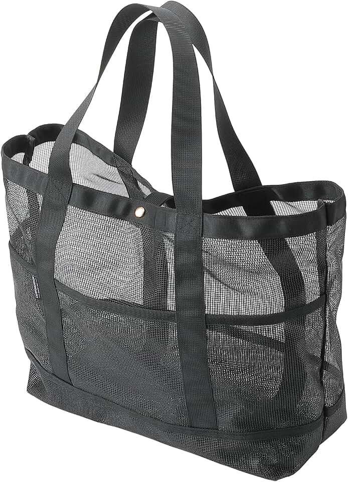 CAMPINGMOON Mesh Tote Bag Self Standing Outdoor Storage Bag for Camping Gear Beach Towels Pool Gear Sand Toys Wet Items with Side Pocket Black B188