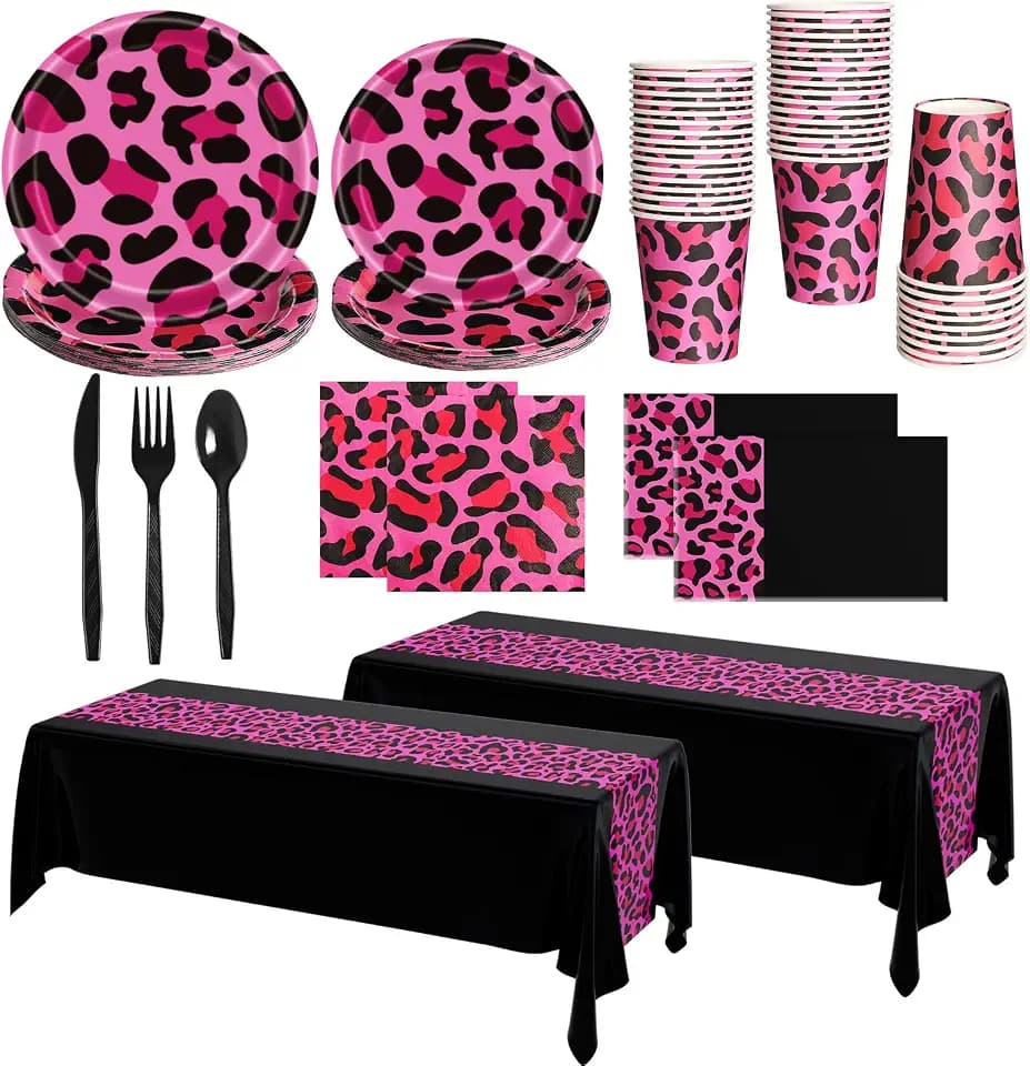 Oudain 162 Pcs Leopard Print Party Tableware Set Disposable Pink Black