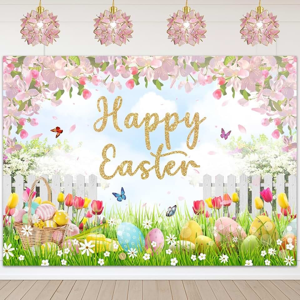 Mocsicka Happy Easter Day Backdrop Easter Colorful Eggs Background Floral Spring Easter Party Decor Family Holiday Party Banner Photo Booth Props (7x5ft)