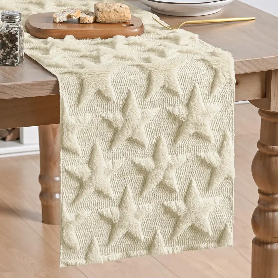 Artoid Mode Beige Soft Plush Faux Fur Jacquard Big Stars 4th of July Table Runner, Memorial Day Holiday Kitchen Dining Table Decoration for Home Party Decor 13x72 Inch