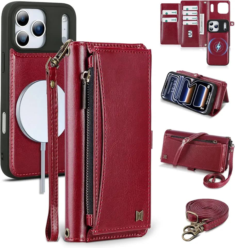 Wallet Case for iPhone 18 Pro / 17 Pro,RFID Blocking,Wine Red