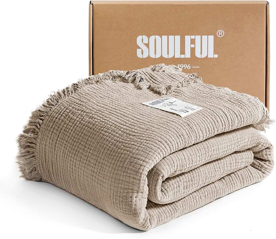 SOULFUL Musselin Decke 228x274 mit Quasten - Helles Kaffeebraun