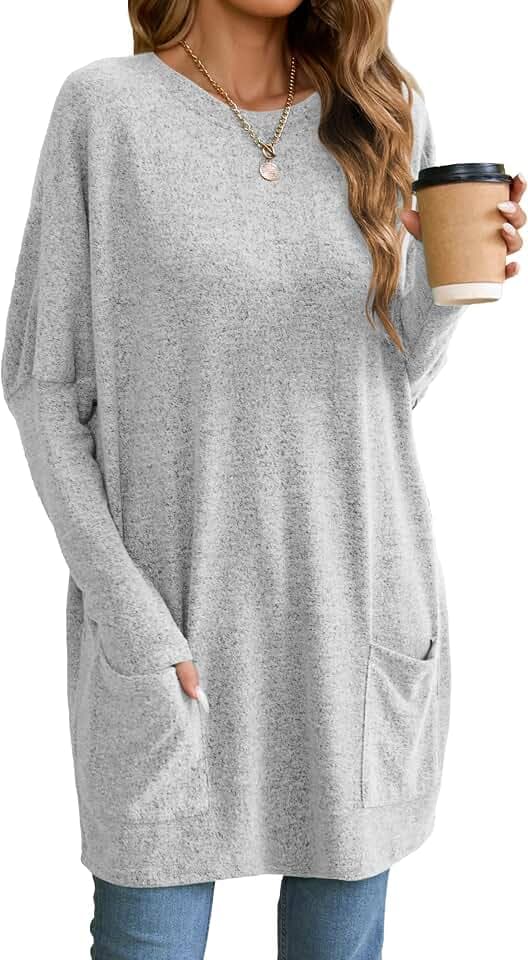 Famulily Lange Tuniken für Damen, lässig, einfarbig, übergroßes langes T-Shirt, Rundhalsausschnitt, Sweatshirt mit Taschen