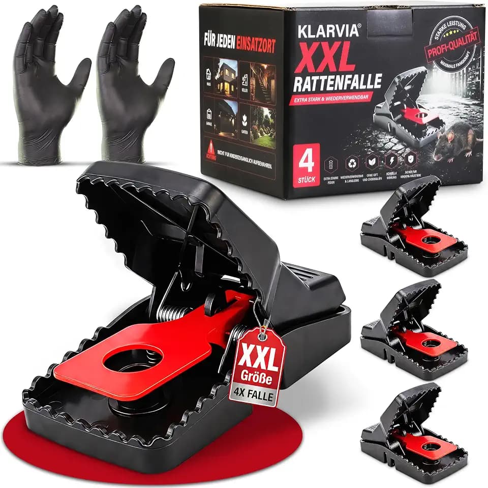 Rattenfallen Schlagfallen 4 Stück – Profi Rattenfalle & Mausefalle, Extra stark, Wiederverwendbar, Ohne Gift, inkl. Handschuhe, Für Haus, Keller, Garage & Garten