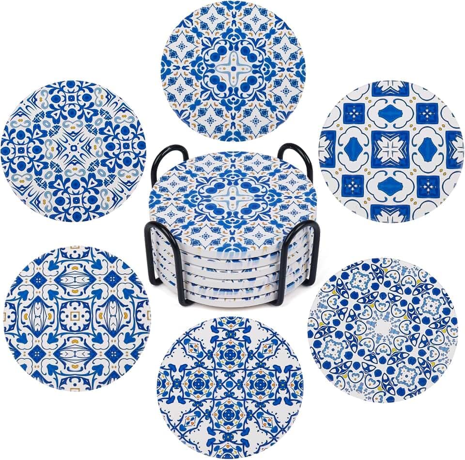 Ceramic Coasters for Drinks Absorbent - Metal Holder Set, Dry & Clean, Anti-Slip Cork Bottom - Blue and White Porcelain, Perfect for Living Room, Kitchen, or Outdoor Use