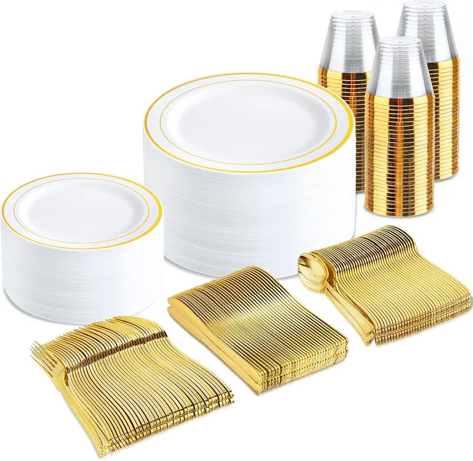 bUCLA 300PCS Gold Plastic Plates - White Gold Dinnerware set Disposable - Include 50 Each (Dinner&Dessert) Plates,50 Knives,50 Forks,50 Spoons,50 Cups for Party, Thanksgiving, Fall Harvest & Autumn