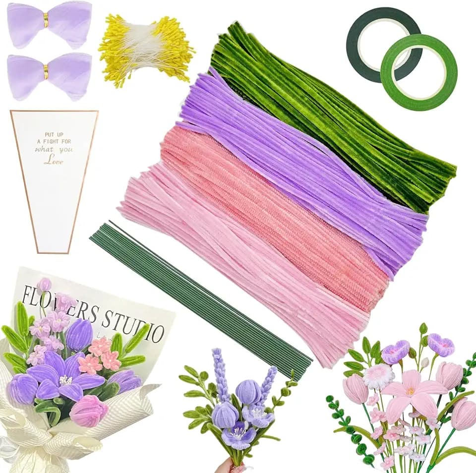400 Stück Pfeifenreiniger Blumen Set,Pfeifenreiniger Blumenstrauß,Bouquet Pfeifenreiniger Set,Pfeifenputzer zum Basteln,Pfeifenputzer,Pipe Cleaner mit Blumendraht, Schleifenband, Blumen Staubblatt