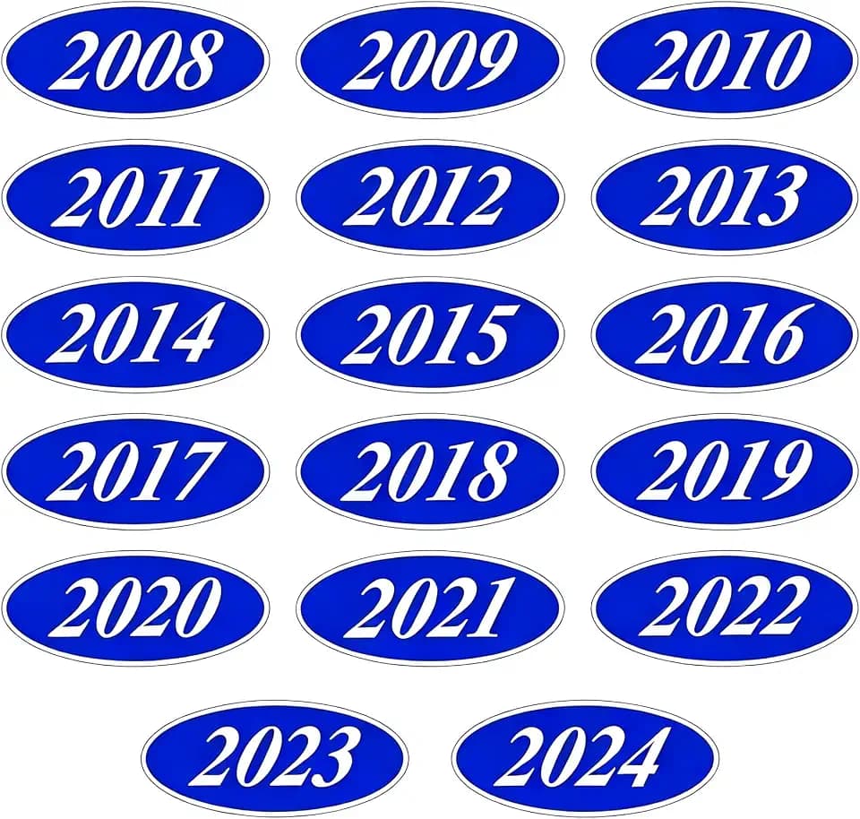 204 Pcs Oval Model Windshield Year Stickers for Car Dealerships Supplies - Large Oval Vinyl Decals - High-Visibility White on Blue - 17 Dozen (2008-2024) - Weatherproof & Fade Resistant