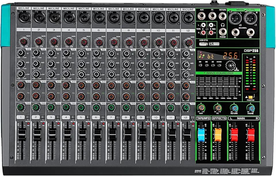 Depusheng PA12 Professional Audio Mixer Soundboard Konsole Schreibtisch Systemschnittstelle 12 Kanal Digital USB Bluetooth MP3 Computereingang 48V Phantomspeisung Eingebauter 256 Reverb Effekt