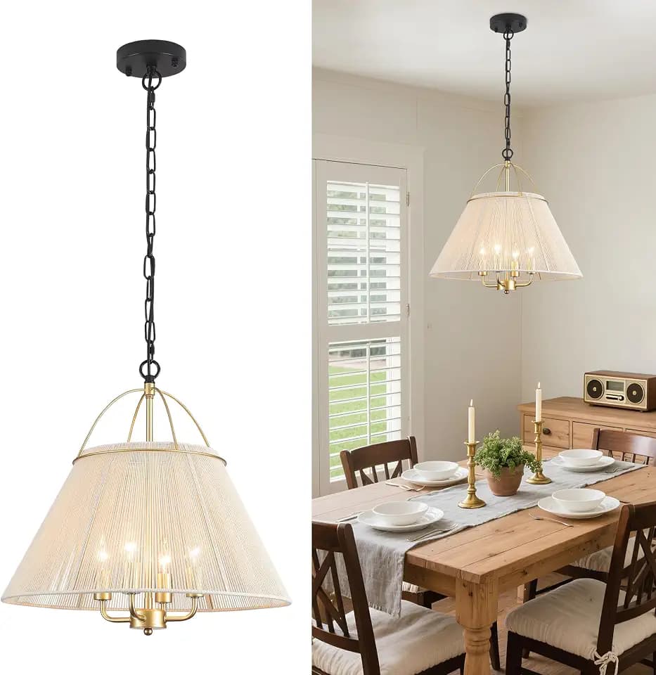 LASENCHOO 19.3" Rattan Chandelier, 4-Light Boho Woven Hanging Light Fixture