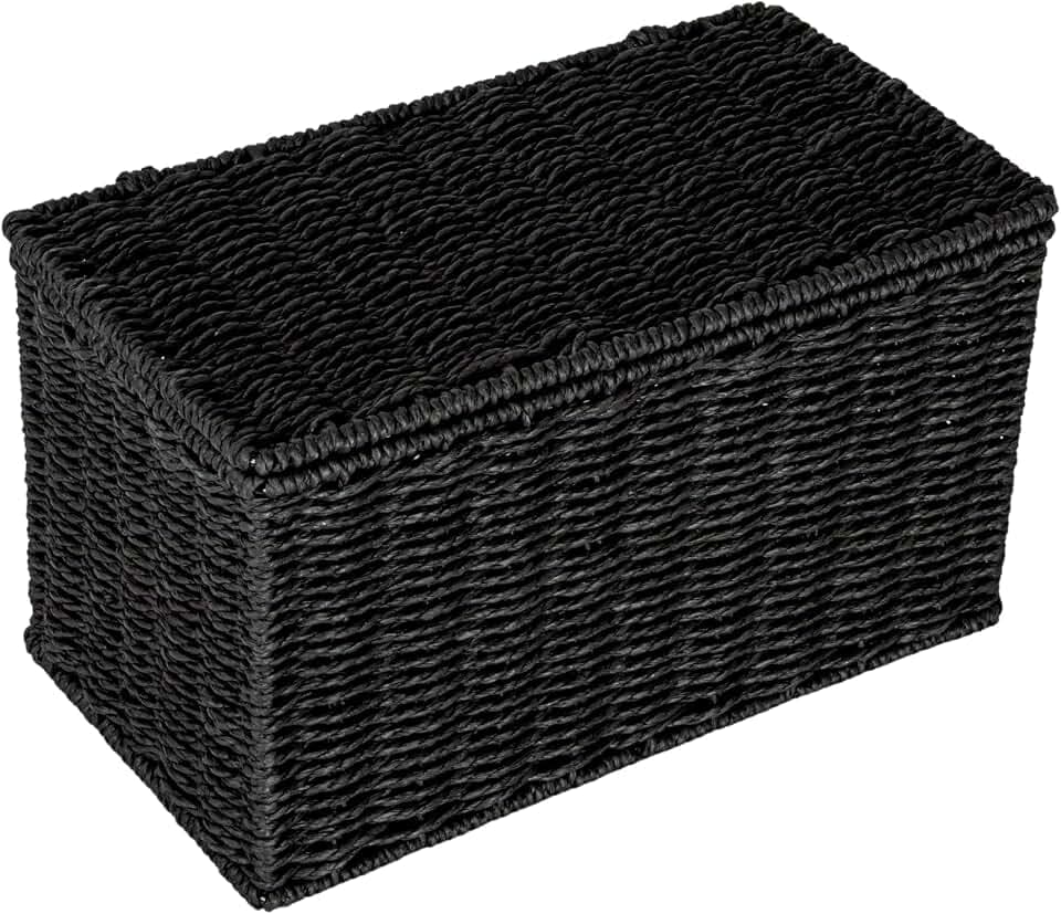 Household Essentials Small Handwoven Paper Rope Wicker Basket with Lid, Black
