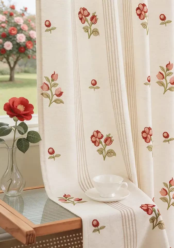 Pinch Pleat Linen Blend Curtains Beige Stripe Floral, 40"W x102 Inches Long
