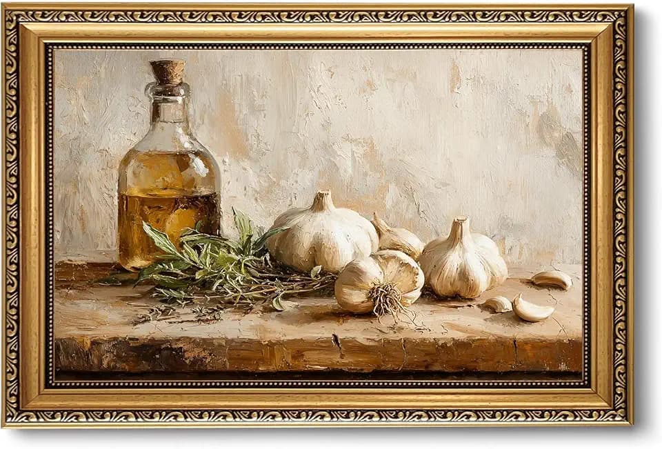 Gold Framed Kitchen Wall Art Vintage Wall Decor, Rustic Rustic Garlic and Herbs Canvas Paint, Neutral Cottage Aesthetic Pictures for Farmhouse Dining Room Shelf 16x24 Inch