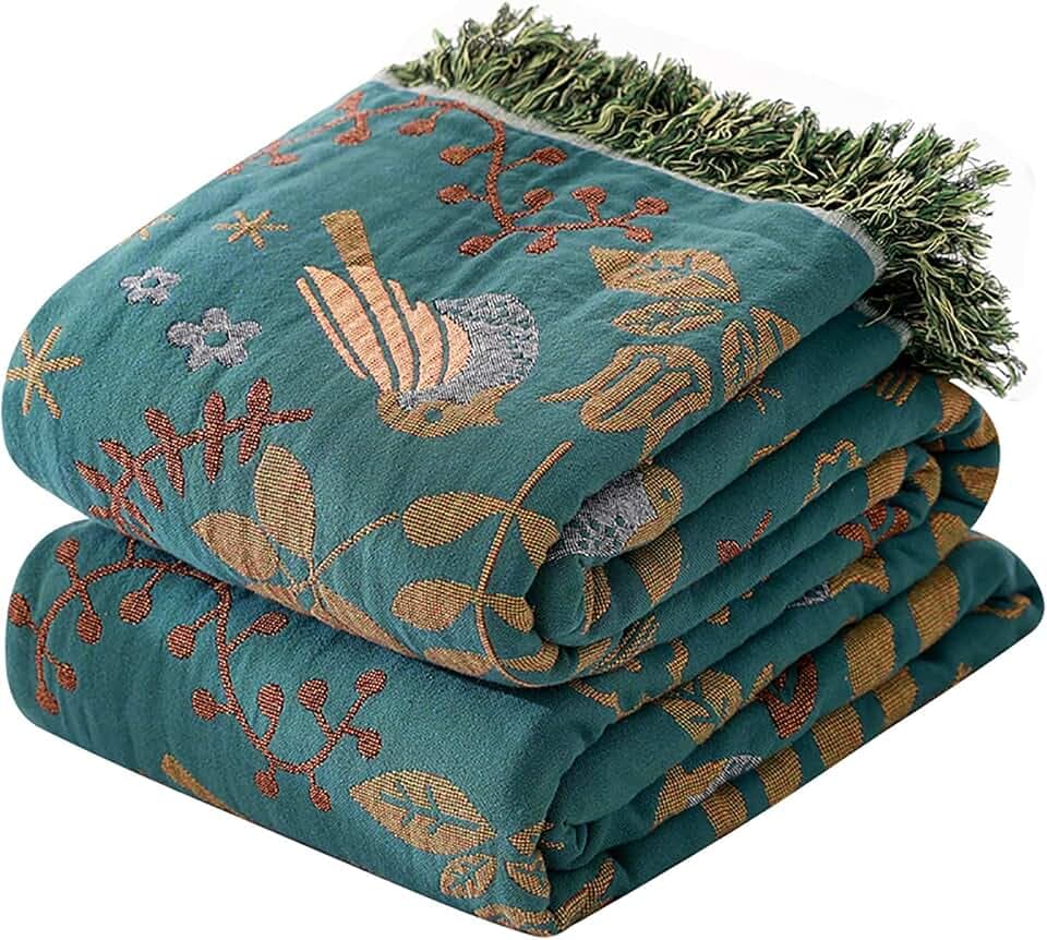 HOORDRY Musselin Decke aus 100% Baumwolle Tagesdecke 230×250CM | Doppelseitig Boho Decke Gewebte Decke mit Fransen,Edele Bettüberwurf Erwachsene Sofadecke Couchdecke Blau/Beige