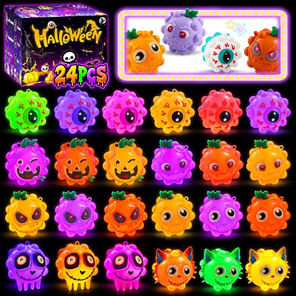 KissFree 24 Pack Halloween Party Favors, Light Up Fidget Balls for Kids