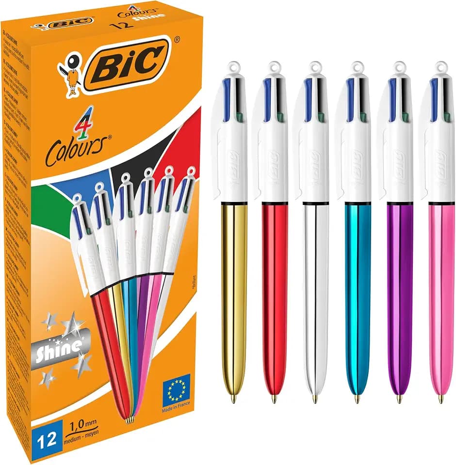BIC 4 Farben Kugelschreiber Set 4 Colours Shine, in verschiedenen Farben, 12er Pack, Ideal für das Büro, das Home Office oder die Schule