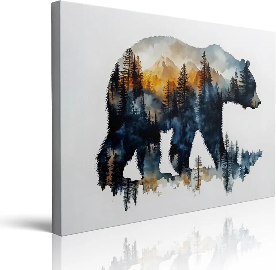 Bear Silhouette Forest Landscape Canvas Wall Art Framed Print Watercolor Painting Nature Wildlife Wall Decor Artwork Poster Sunset Colors Mountain Tree for Living Room Bedroom Office 12x16 Inches