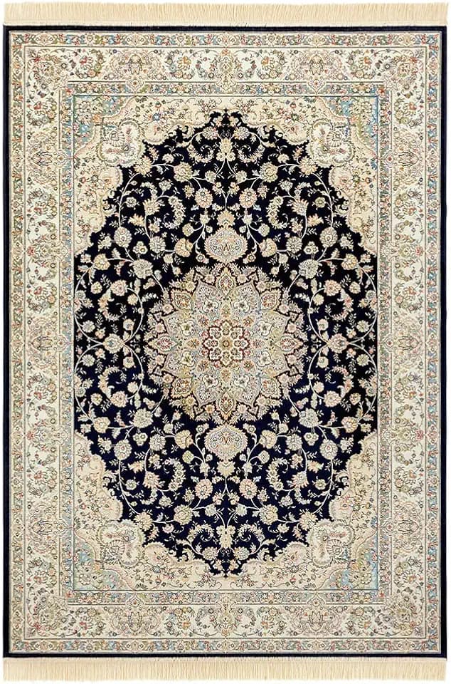Nouristan Naveh Orient Teppich – Wohnzimmerteppich Orientalisch Kurzflor mit Fransen Vintage Orientalischer Samt-Teppich für Esszimmer, Wohnzimmer, Schlafzimmer – Dunkelblau Creme, 95x140cm