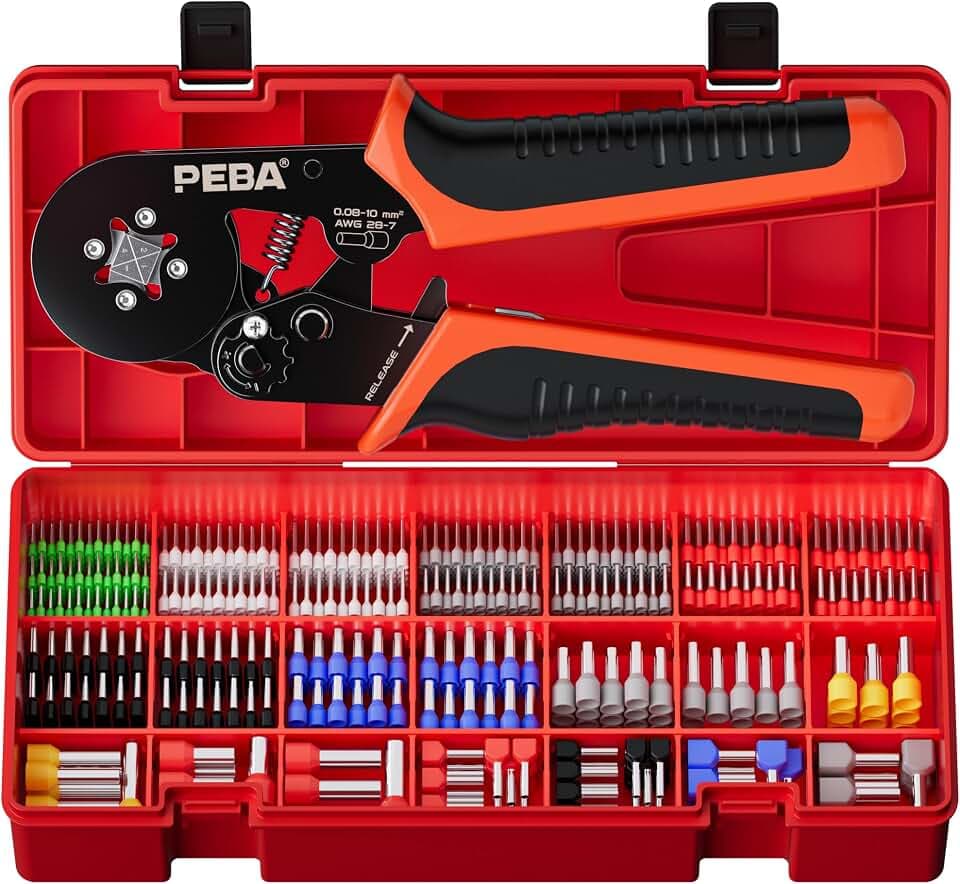 PEBA Crimpzange Aderendhülsen Set, 21 Größen 0,25–10 mm² Aderendhülsen, Vierkant Aderendhülsenzange selbstjustierend mit Ratsche, Twin-Hülsen, isoliert, Crimpzangen, Presszange, DIN 46228
