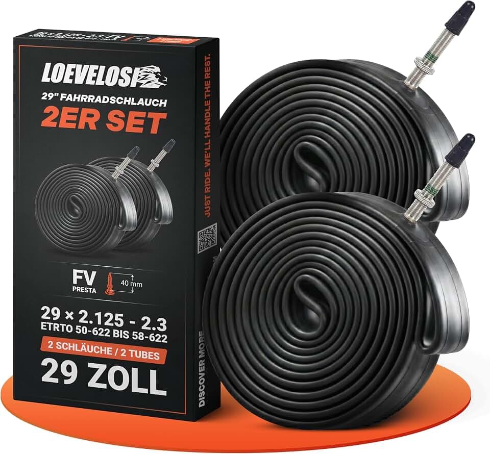 LOEVELOSI 2X Fahrradschlauch 29 Zoll mit schwarzem Sclaverand-Ventil 40mm - MTB Schlauch Französisches Ventil FV Presta - ETRTO 50/58-622 2er Set Schläuche 29x2.125-2.3 Mountainbike E-Bike 29er