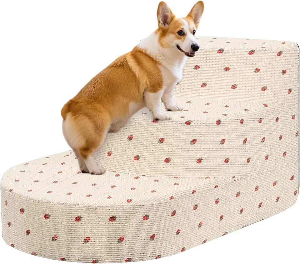 Dog Stairs 3 Steps Foam Pet Ramp for Small Dogs Cats, Strawberry