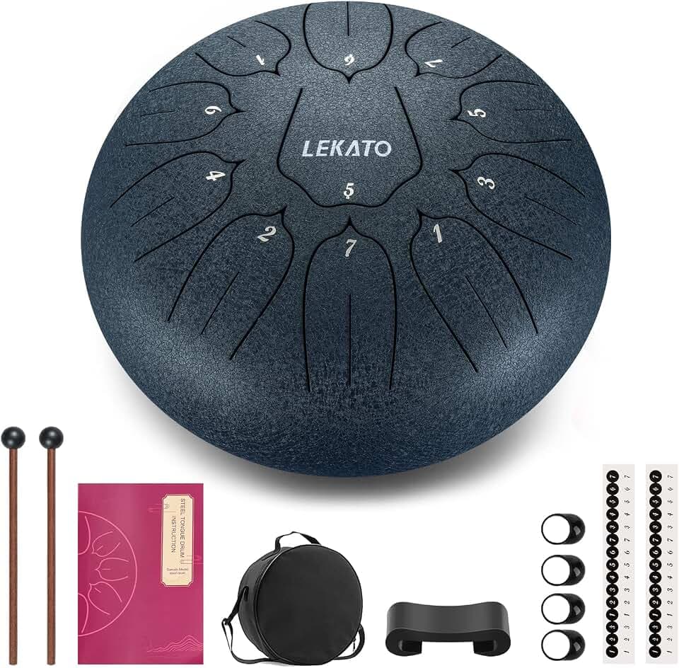 LEKATO Steel Tongue Drum, 10 Zoll 11 Tone D-Dur Zungentrommel Schlagzeug, Steel Pan Töne Schlaginstrument Hand Pan Drum für Meditation Yoga Klangheilung, Navy Blau