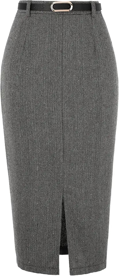 Allegra K Midi-Bleistiftrock für Damen, Herbst, Winter, hohe Taille, Arbeit, Büro, Röcke mit Gürtel