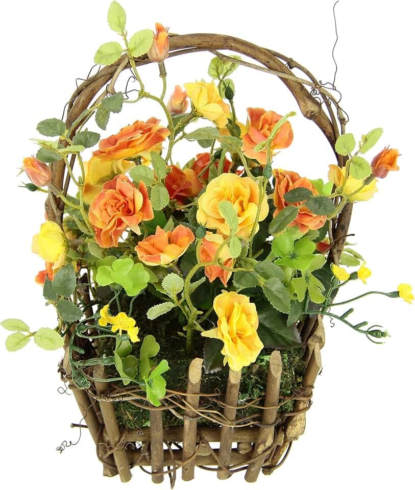 Rosen im Korb Rosenbusch Wildrosen Kunstblumen Blumen Künstliche Rosenköpfe Kunstrosen Blumenstrauß Deko Plastikrosen Seidenblumen Dekoblumen Grabschmuck, orange