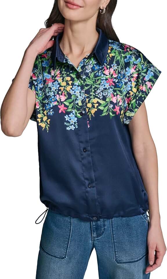 Karl Lagerfeld Women's Short Sleeve Collared Neck Placed Floral Side Tie Camp Shirt