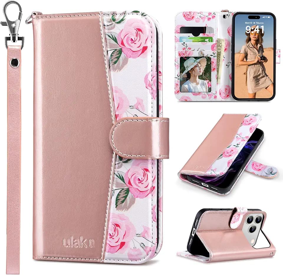 ULAK Wallet Case for iPhone 18 Pro/iPhone 17 Pro with Card Holder Rose Gold