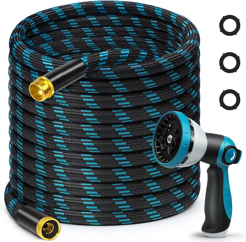 25 FTGarden Hose, Non-Expandable Flexible Fabric Water Hose with 10-Function Spray Nozzle, Kink-Free & Lightweight Yard Hose with 3/4" Solid Brass Connectors for Lawn, Outdoor, RV & Marine Use