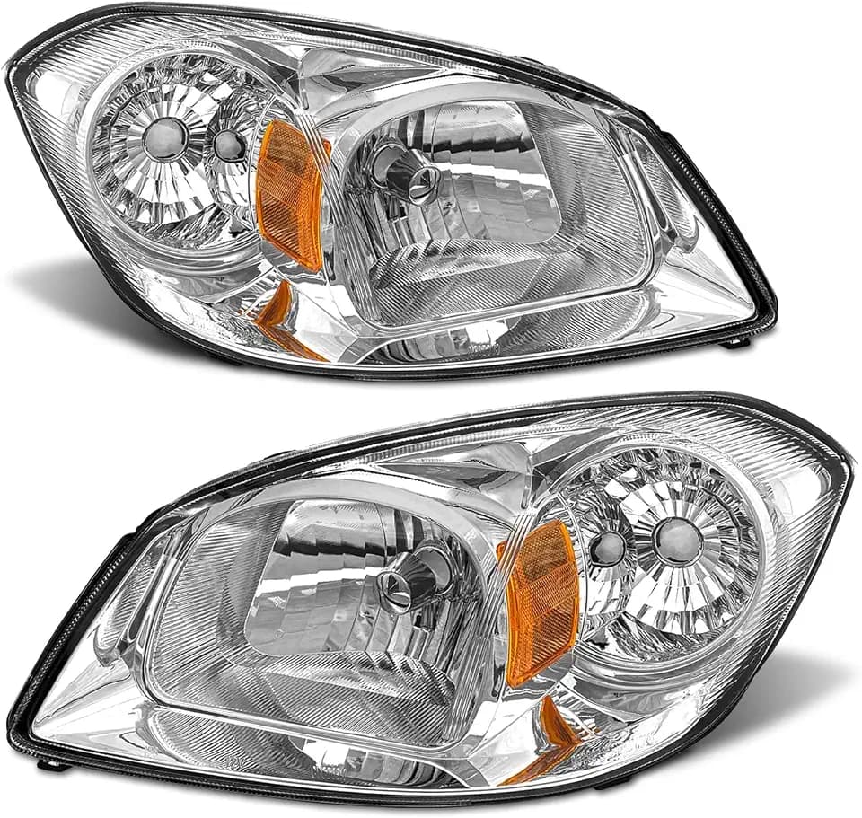for 2005-2010 Chevy Cobalt Headlight Assembly compatible with 07-09 Pontiac G5 / 05-06 Pursuit Clear Lens Chrome Housing Amber Reflector Headlamp Replacement Pair（W/O Bulbs）