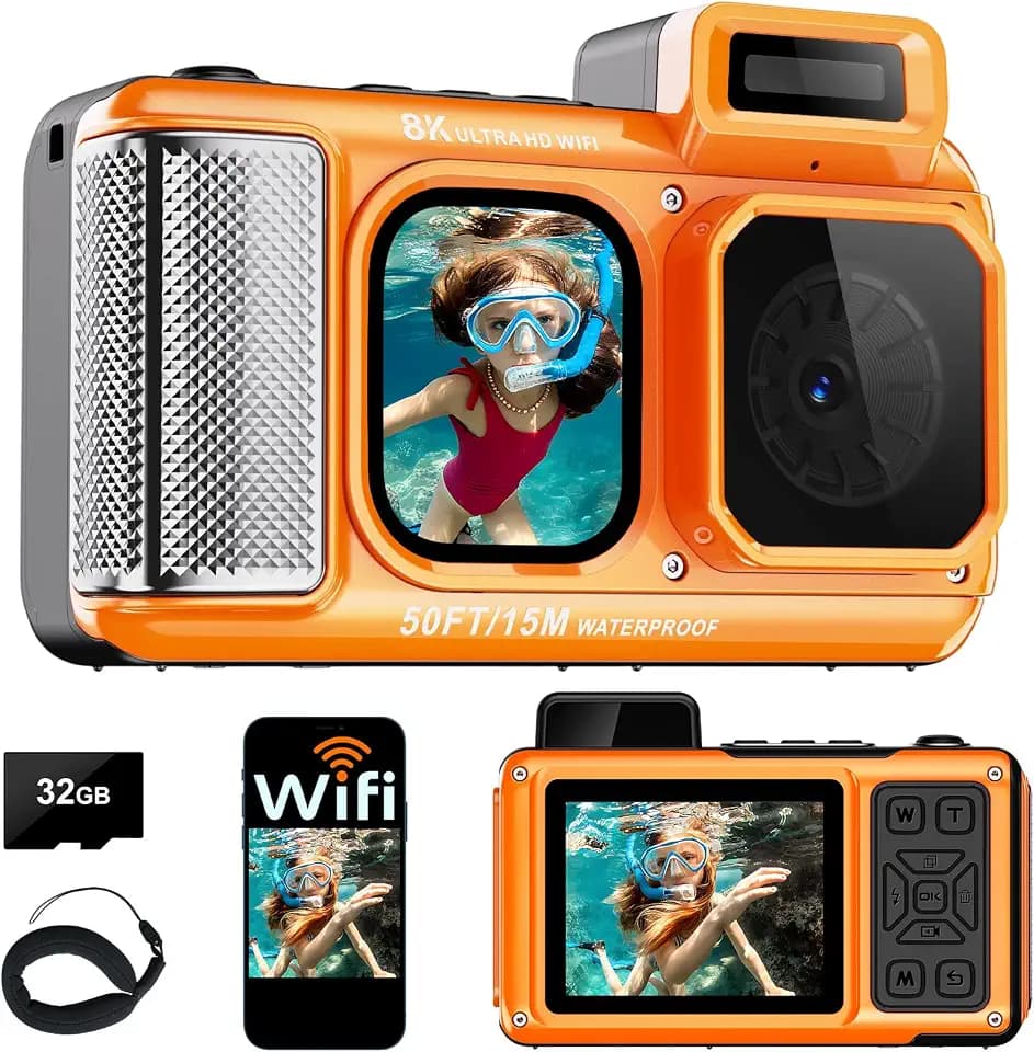 8K Underwater Camera WiFi 90MP 50FT Waterproof 32GB Card Dual-Screen Touch