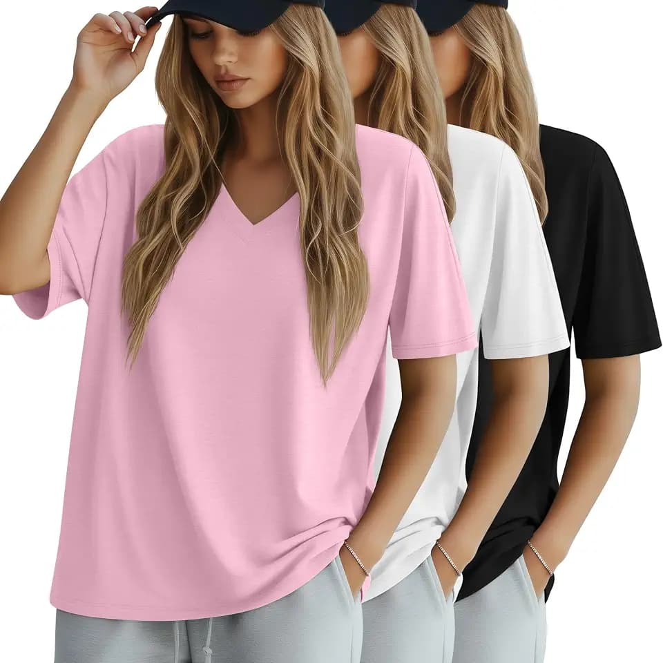 Huukeay 3 Pack Women's Oversized Cotton Shirts V Neck Summer Top