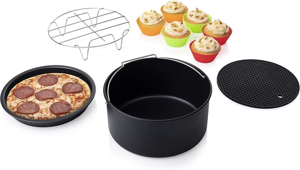 Princess Airfryer Zubehör Set 10-teilig für Heißluftfritteuse 4,5 L & 5,2 L, Backset mit Pizzablech, Kuchenform, Grillrost, Muffinformen & Topfablage, 182012